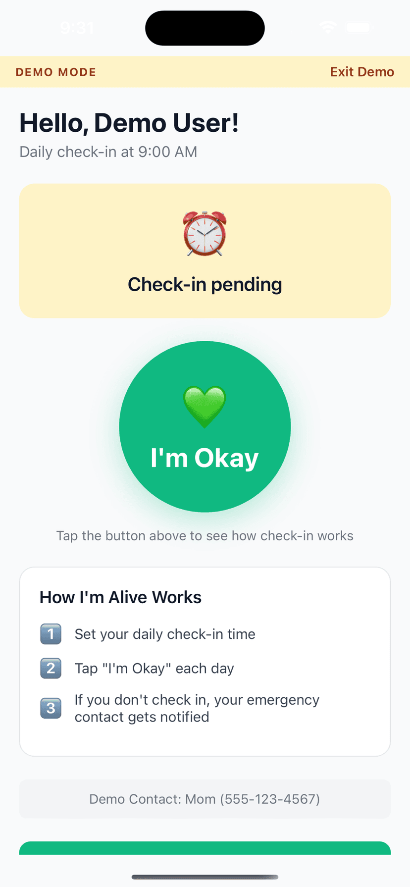 I'm Alive app showing the I'm Okay check-in button