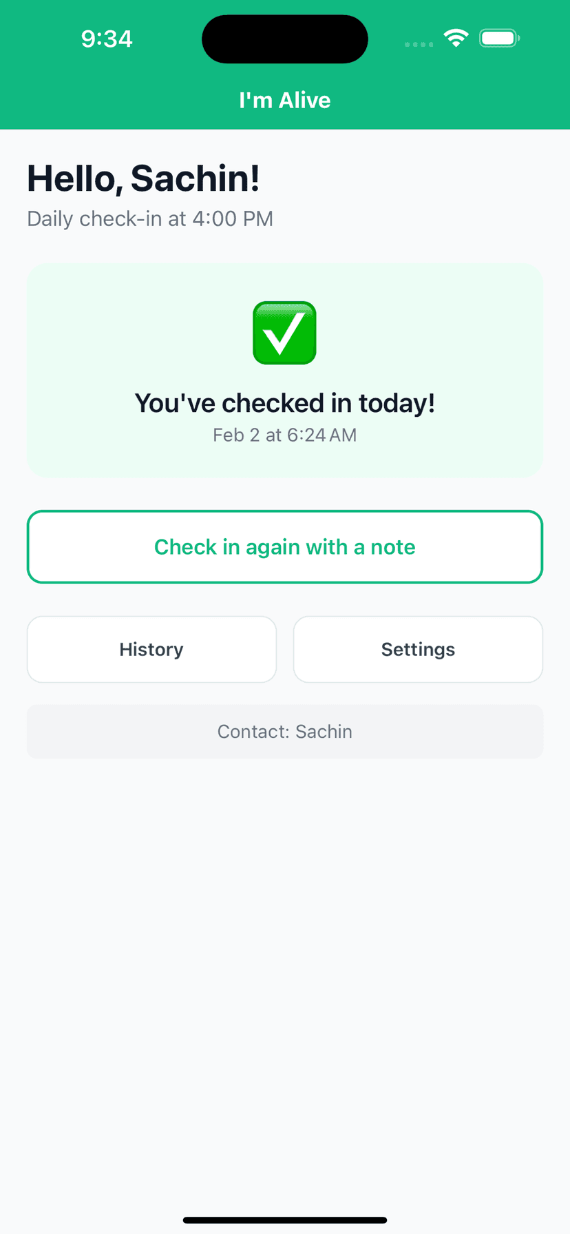 I'm Alive app main screen showing daily check-in