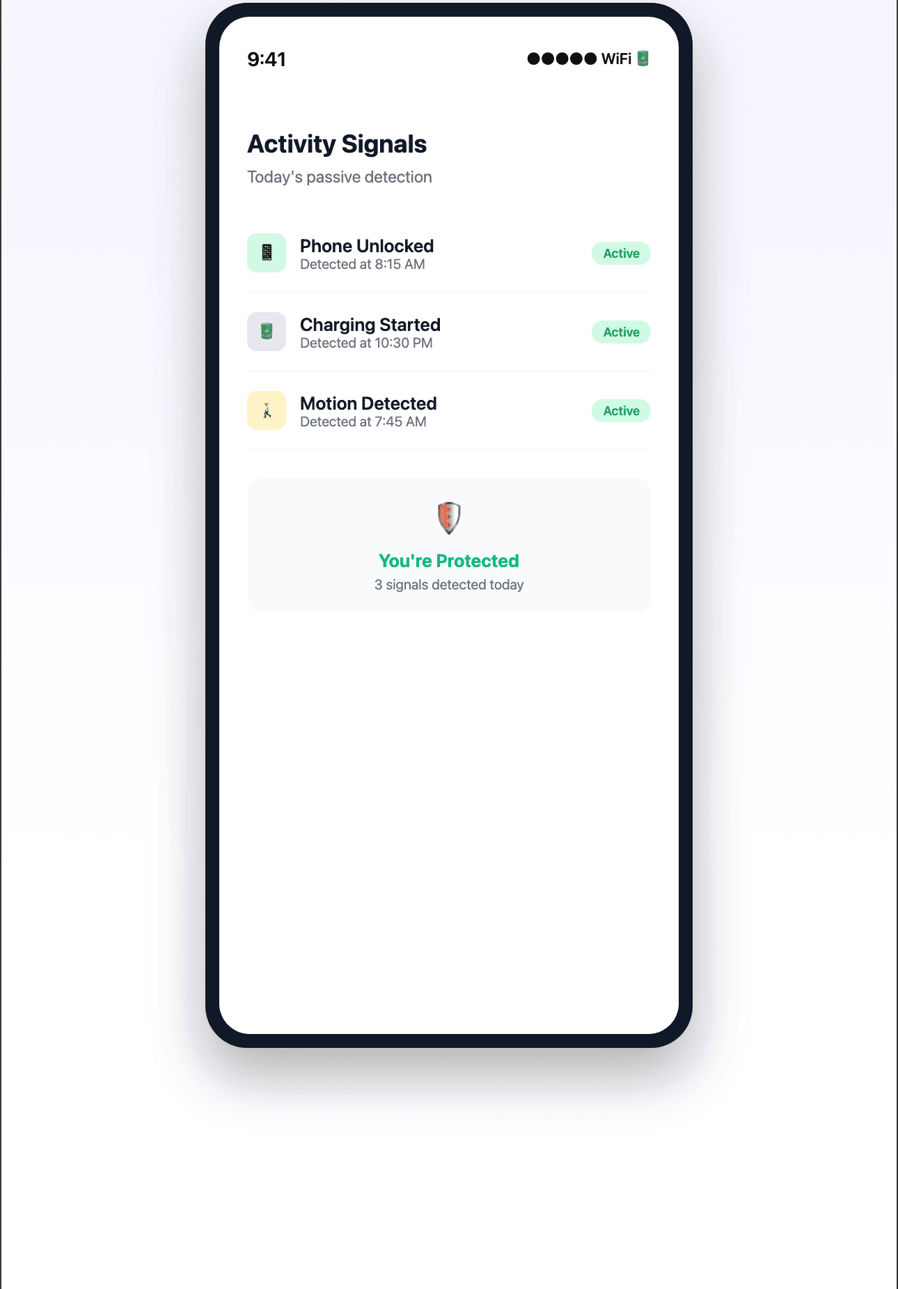 Passive monitoring showing phone activity signals - unlocked, charging, motion detected